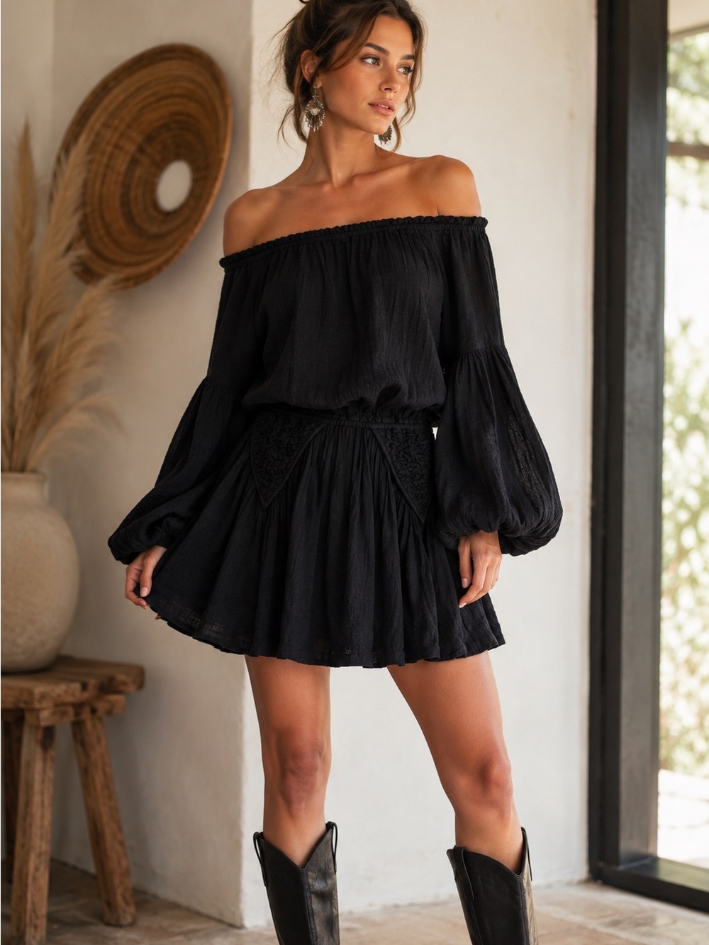 Free People Gaia Black Gauze Off Shoulder Balloon Sleeve Boho Mini Dress